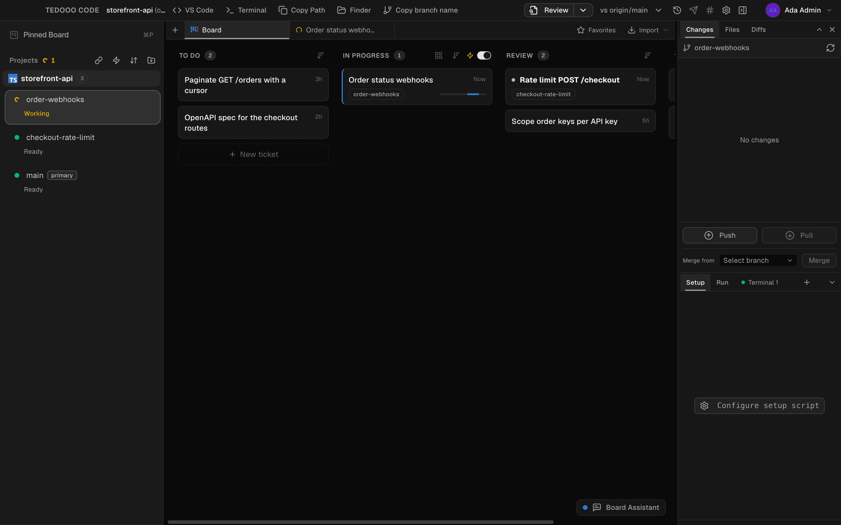 The Tedooo Code board with To do, In progress, Review and Done columns; a ticket in progress shows its running session.