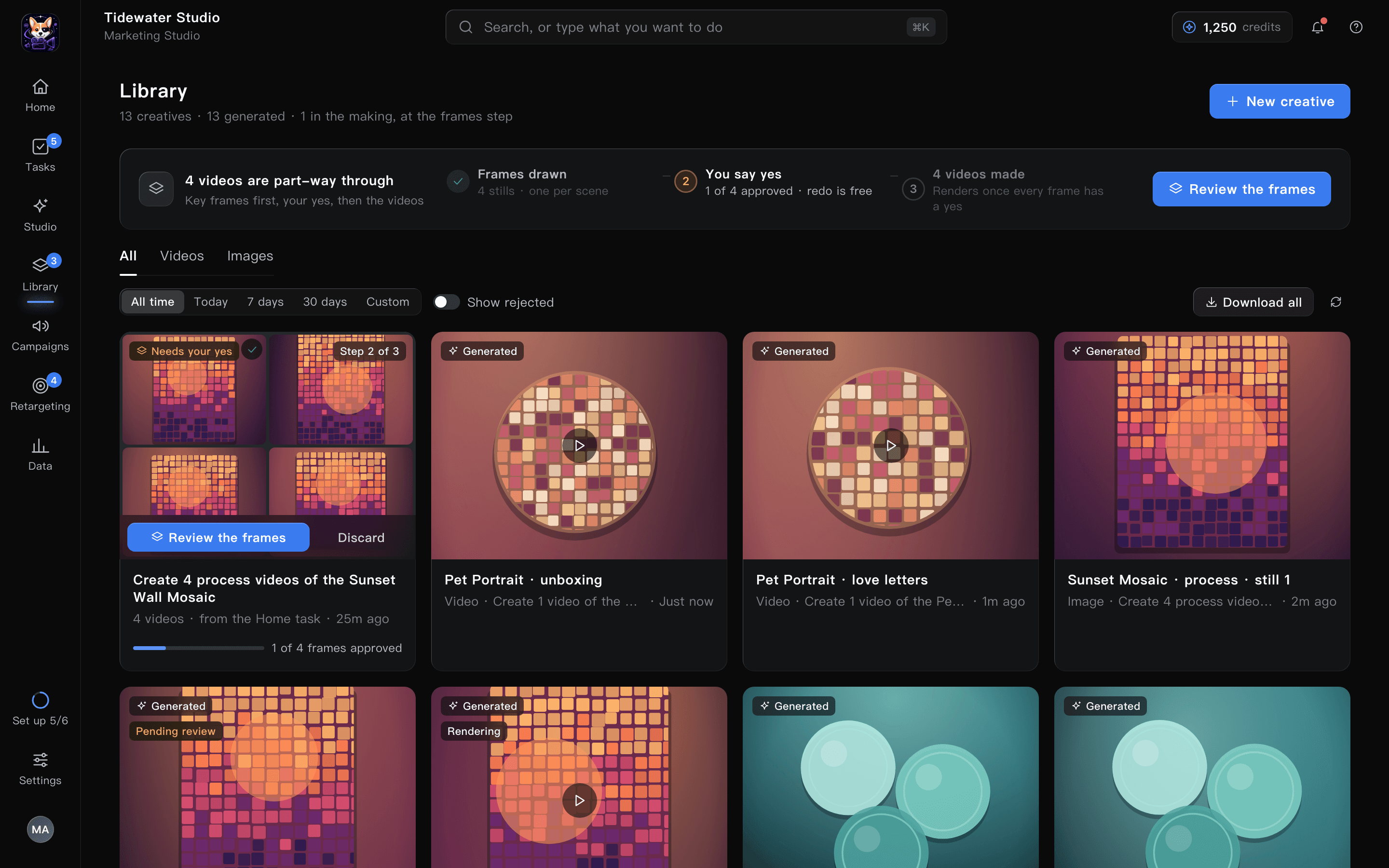 The Library: a grid of approved creatives with their task, version and download links.