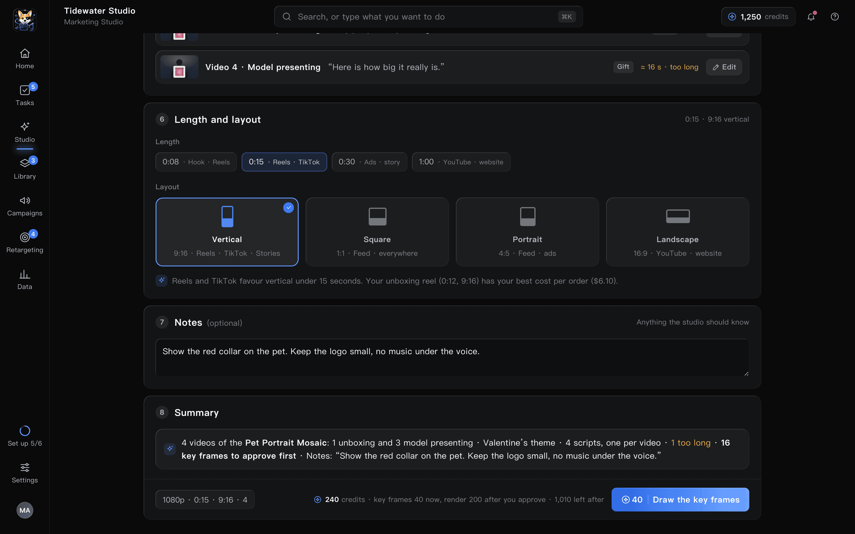 The Creative studio wizard: a product chosen, the video type, theme, script and layout filled in, and the summary bar with Draw the key frames.