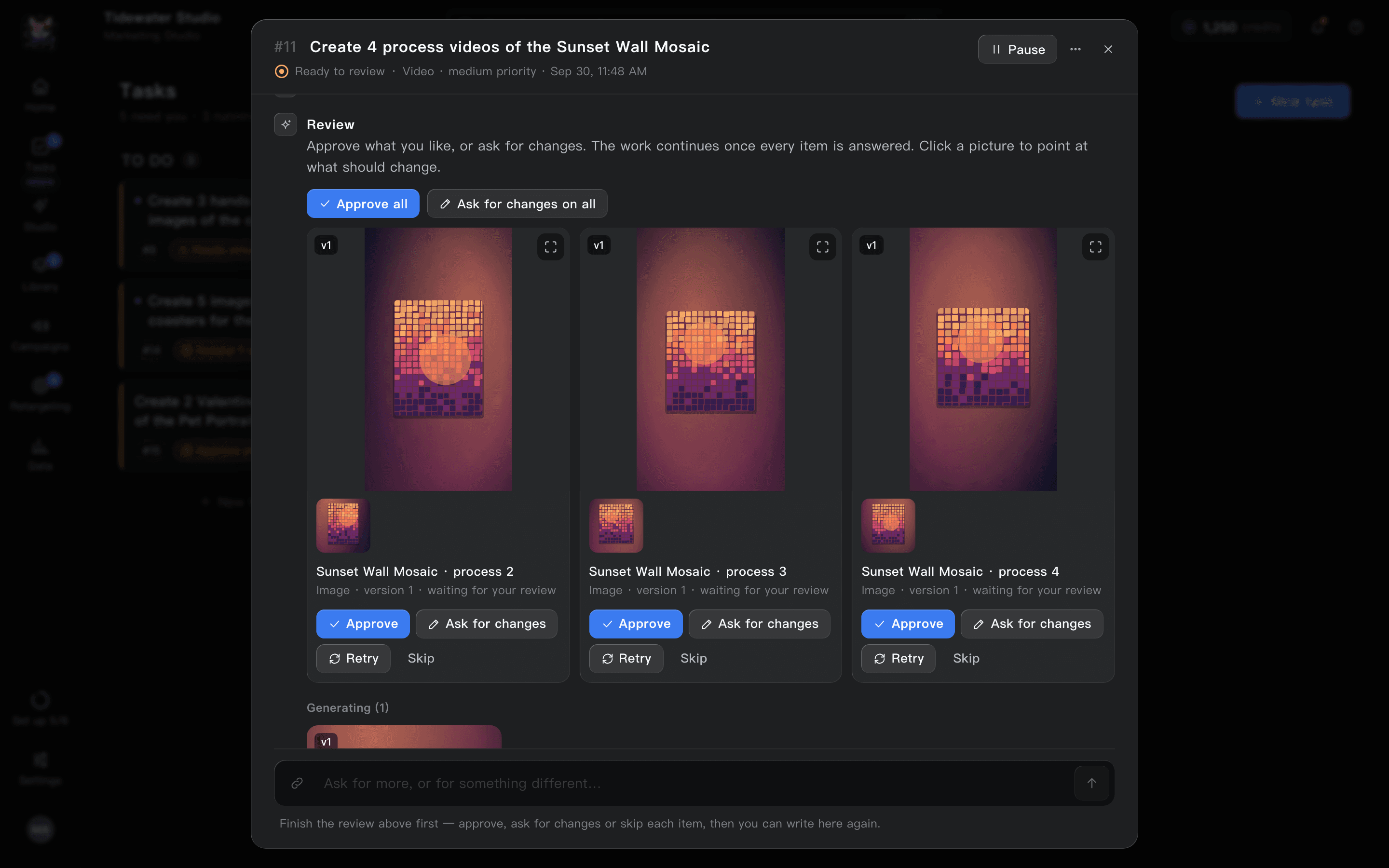 A task at the review gate: variant cards with Approve, Ask for changes and Skip, and an Approve all button.