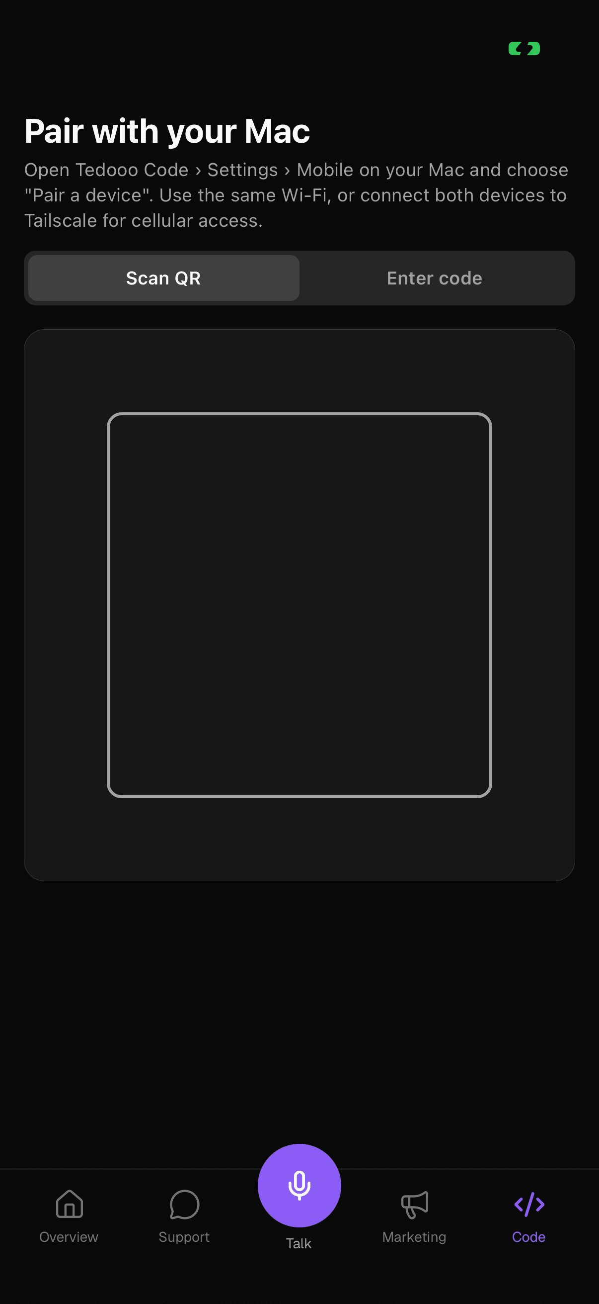 The Code tab: pair with your Mac.