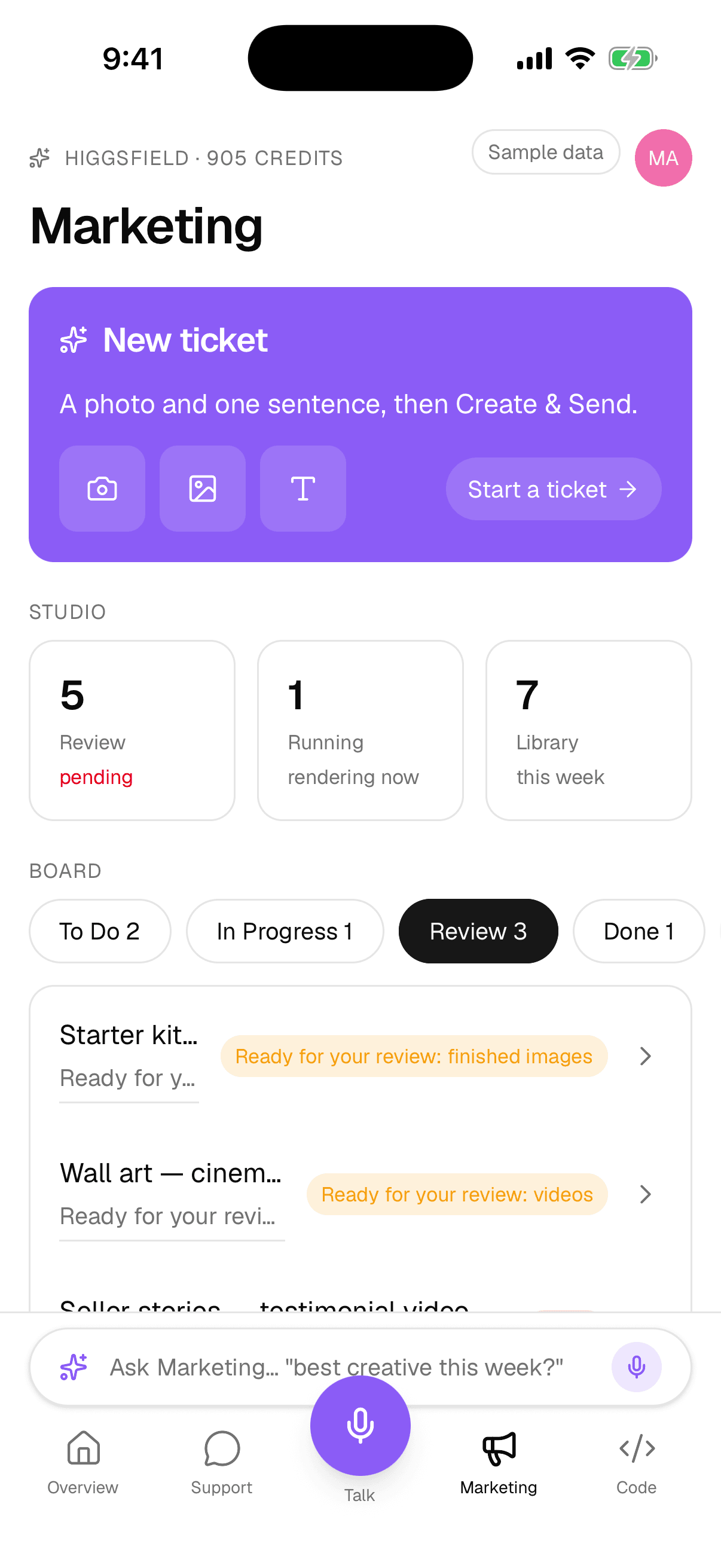 The Marketing hub: a new ticket, the studio tiles and the board.