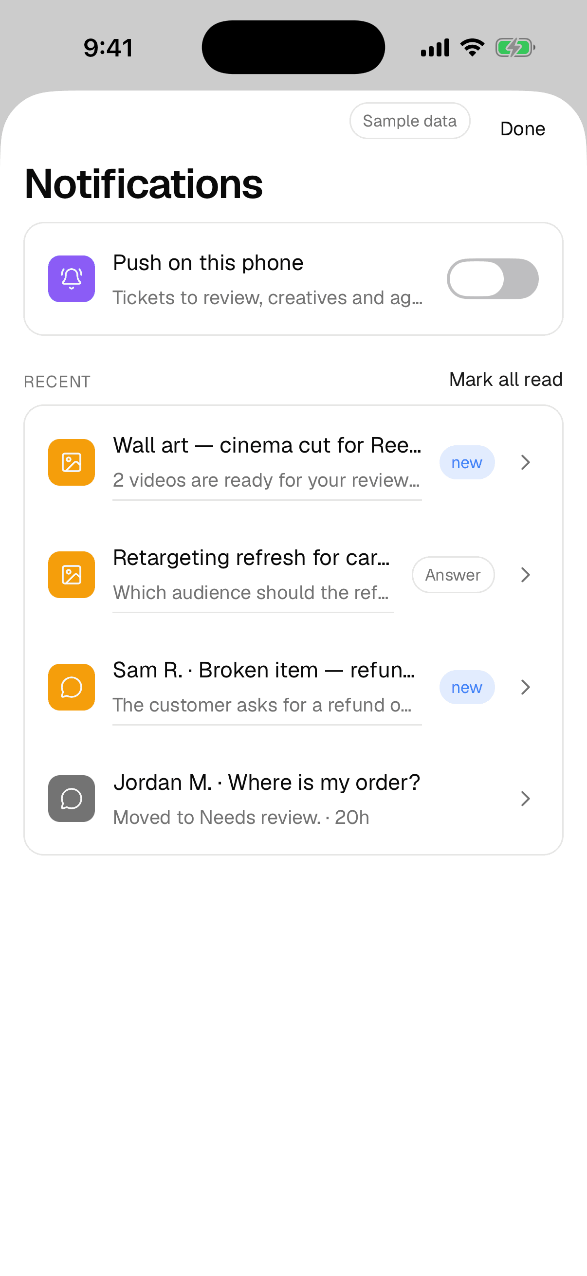 Notifications: the push switch and the recent feed.