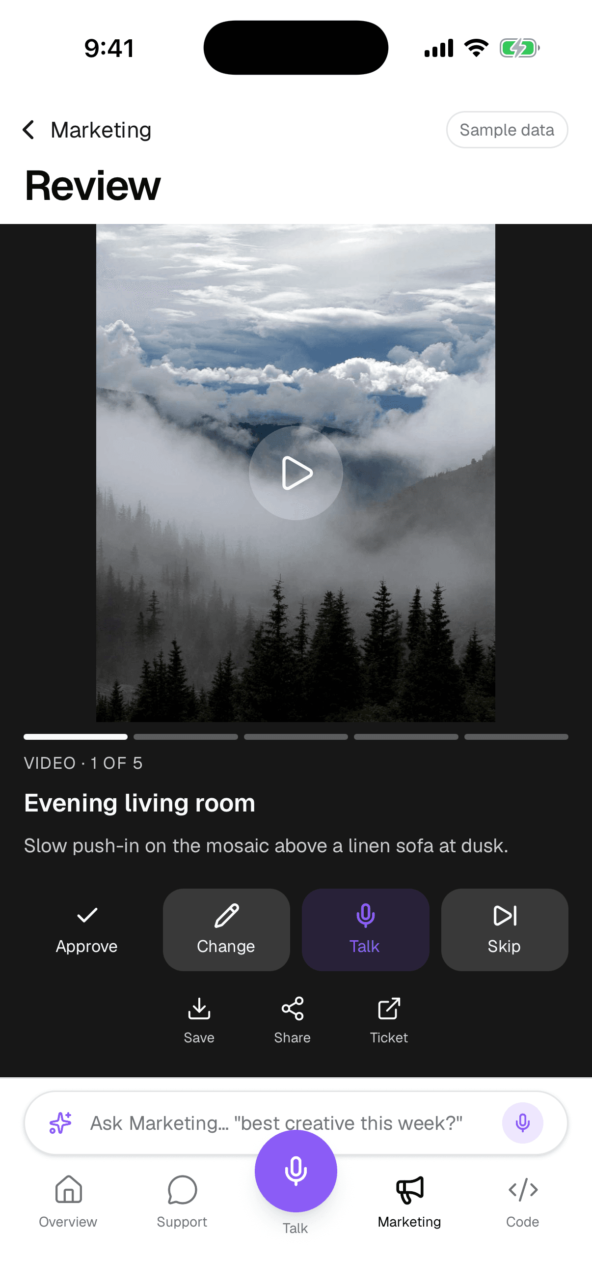The review feed: a video variant with Approve, Change, Talk and Skip.