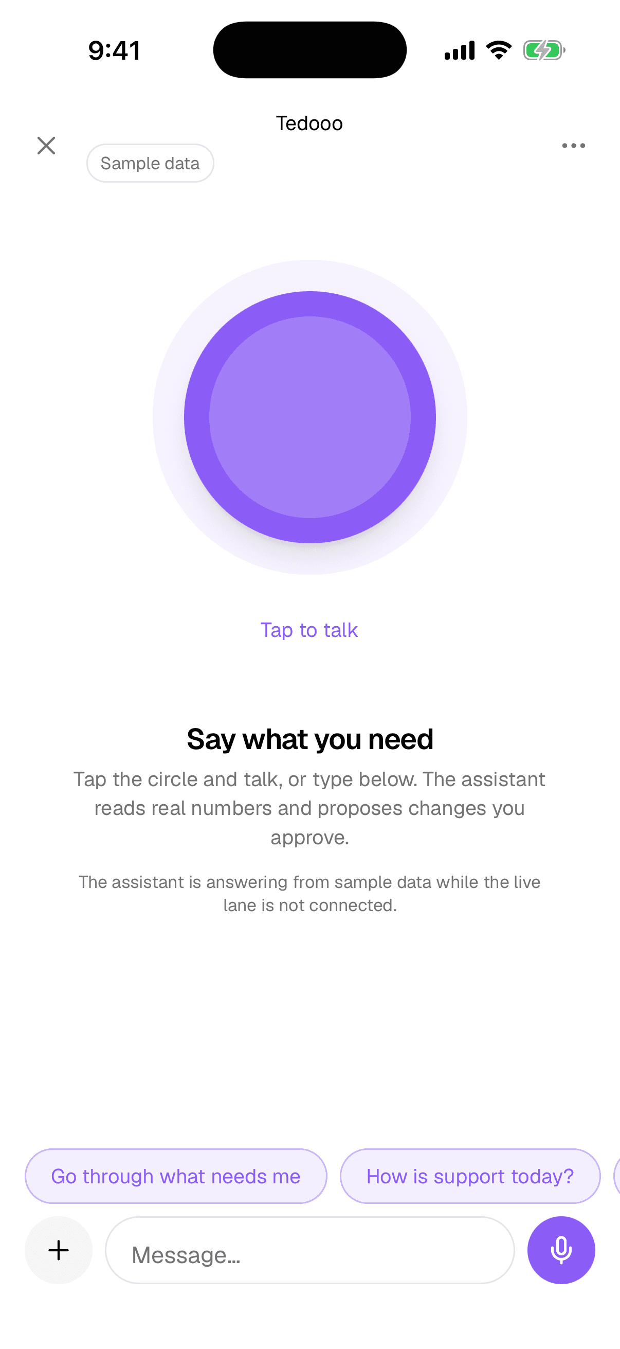 Talk: the orb, “Tap to talk” and the suggestion chips.