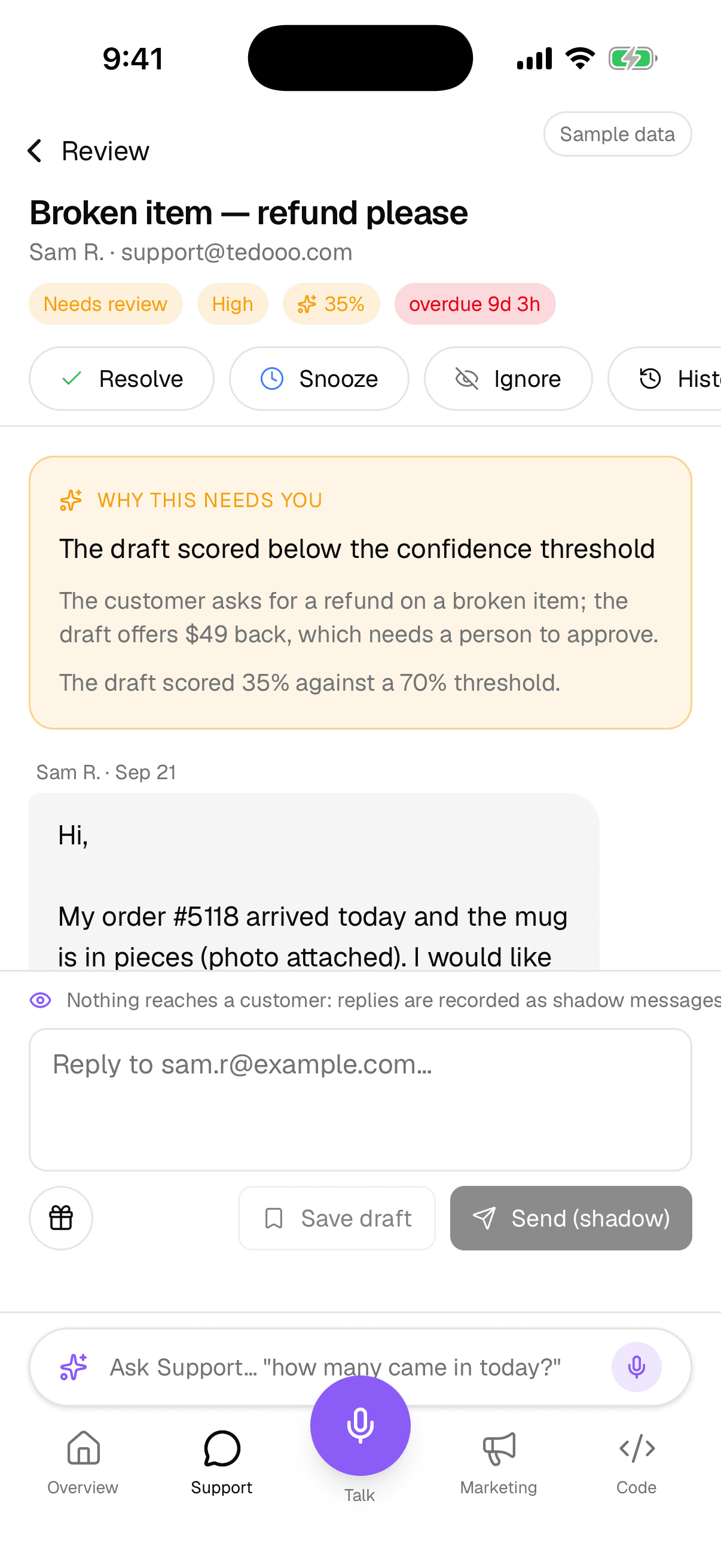 An open ticket: why it needs you, the conversation and the reply box.