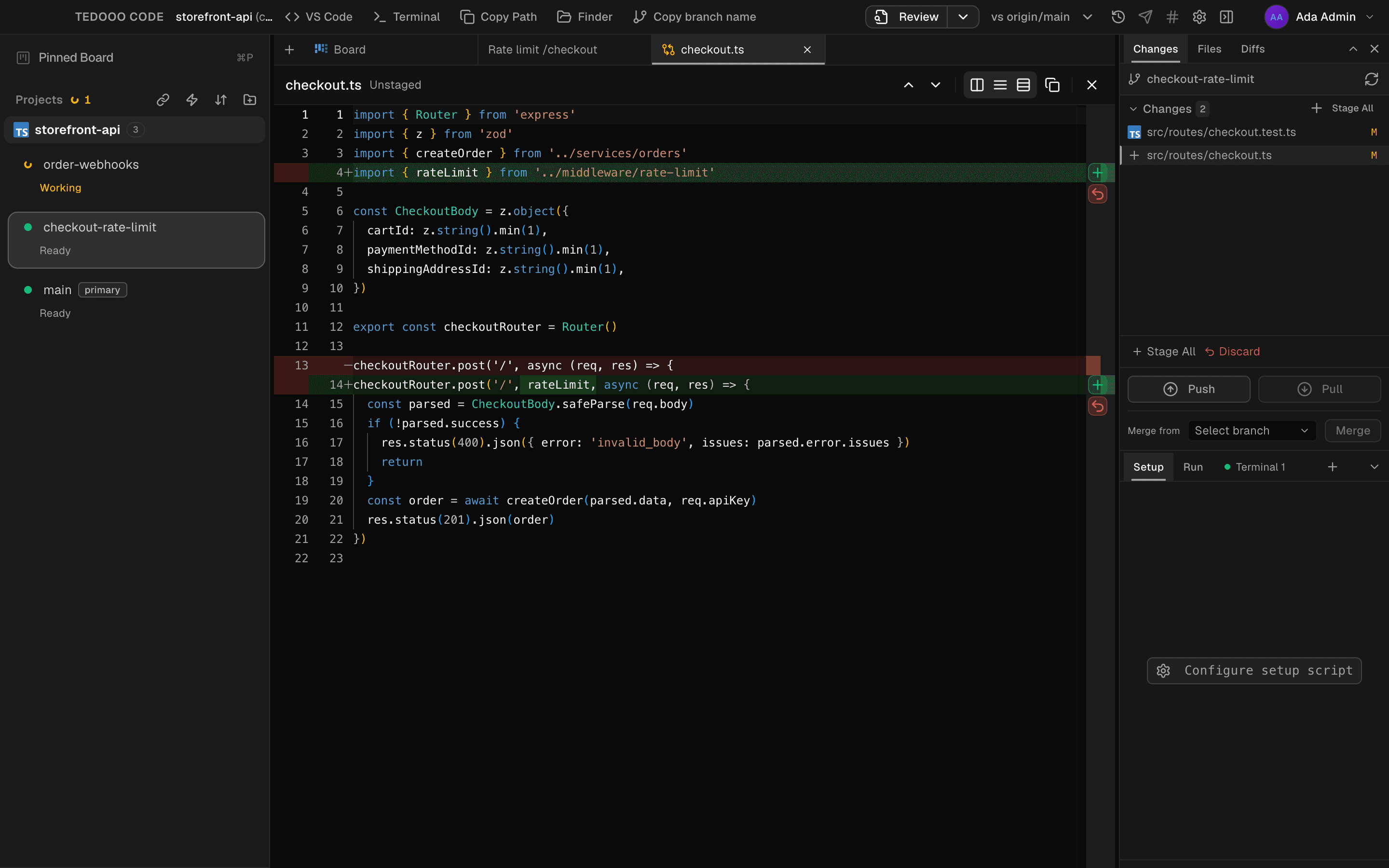 A pull-request review in Tedooo Code: the diff on the left, review comments selected to send back to the agent.