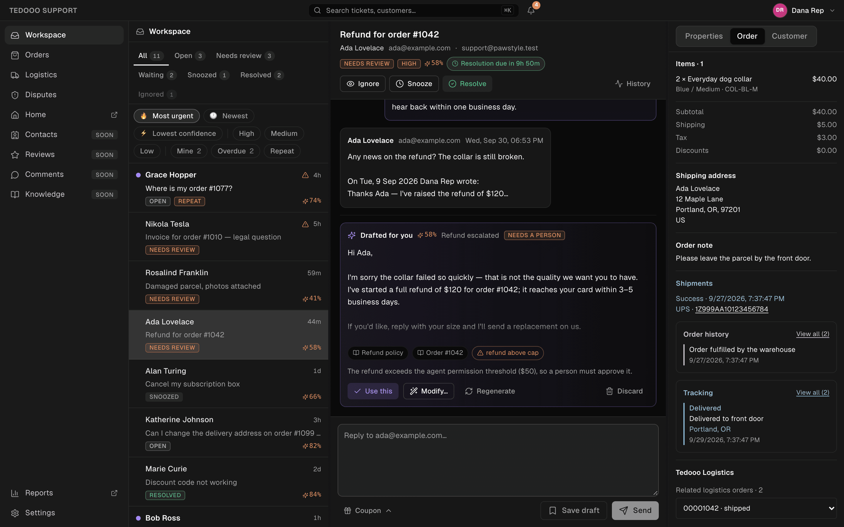 The Order tab beside a conversation: the Shopify order, its items and shipments with a tracking number, and the Tedooo Logistics block.