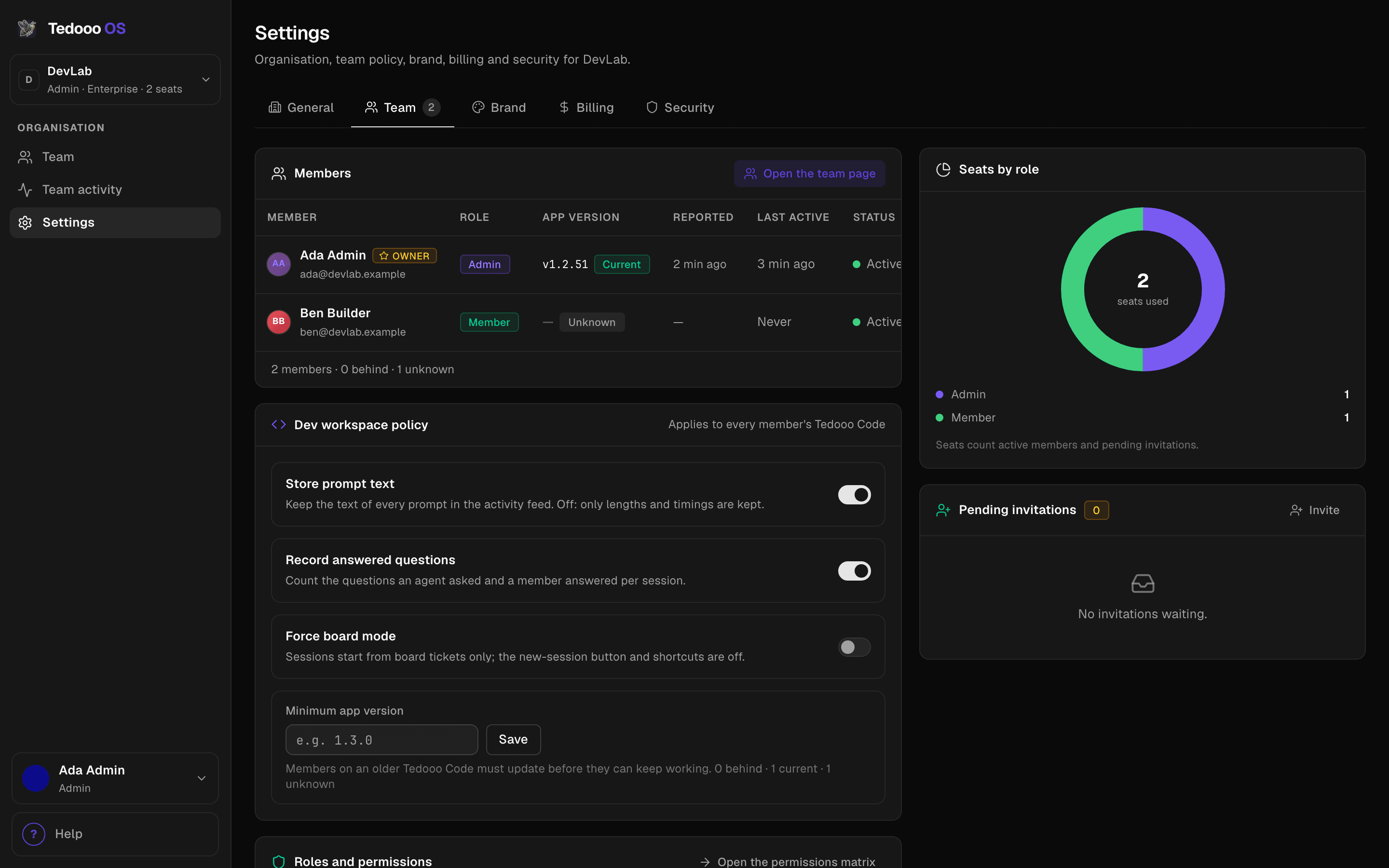 The Settings page of the console: general settings with the organisation name and time zone.