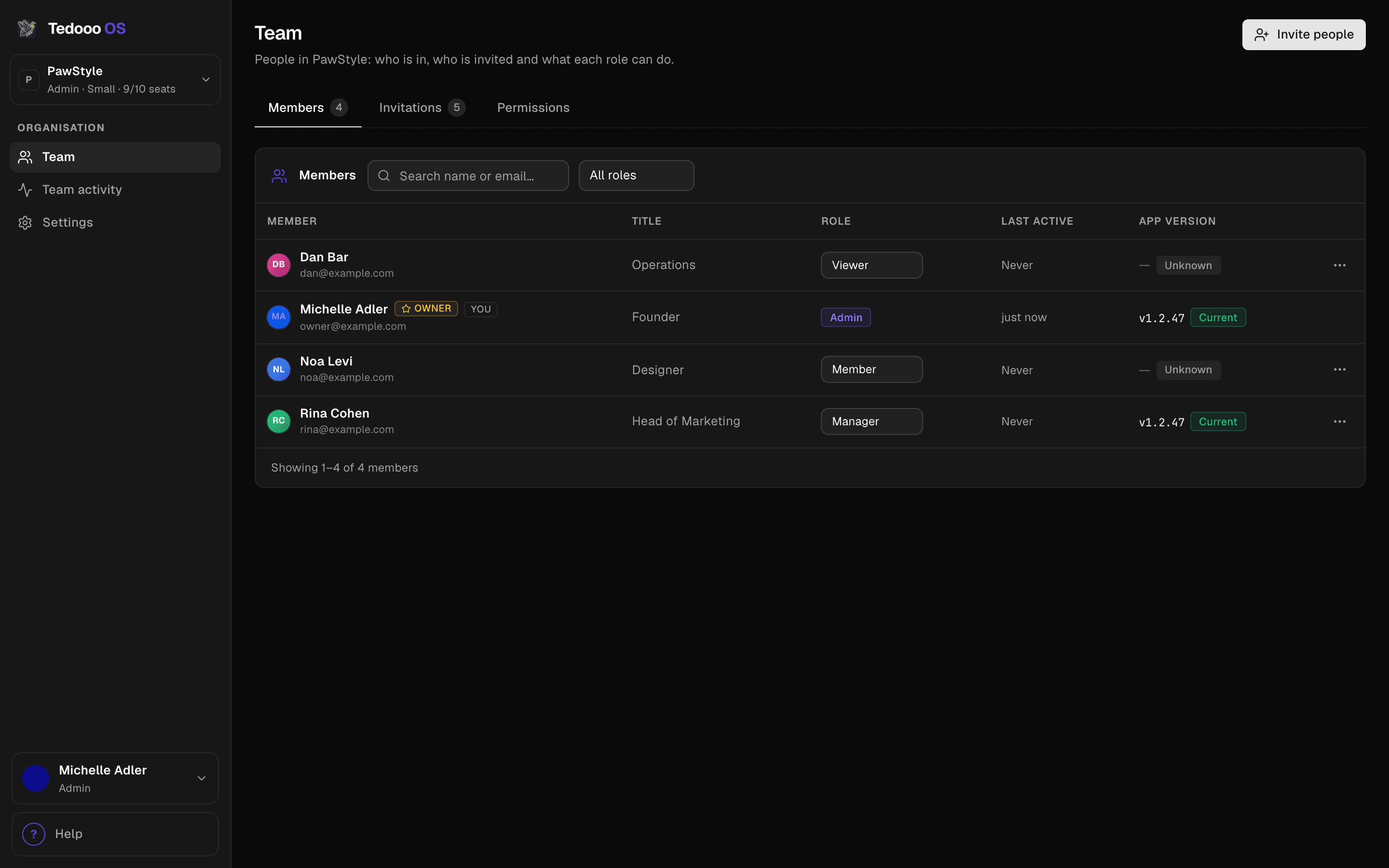 The Team page of the Tedooo OS console in the browser: a roster with roles and app versions.