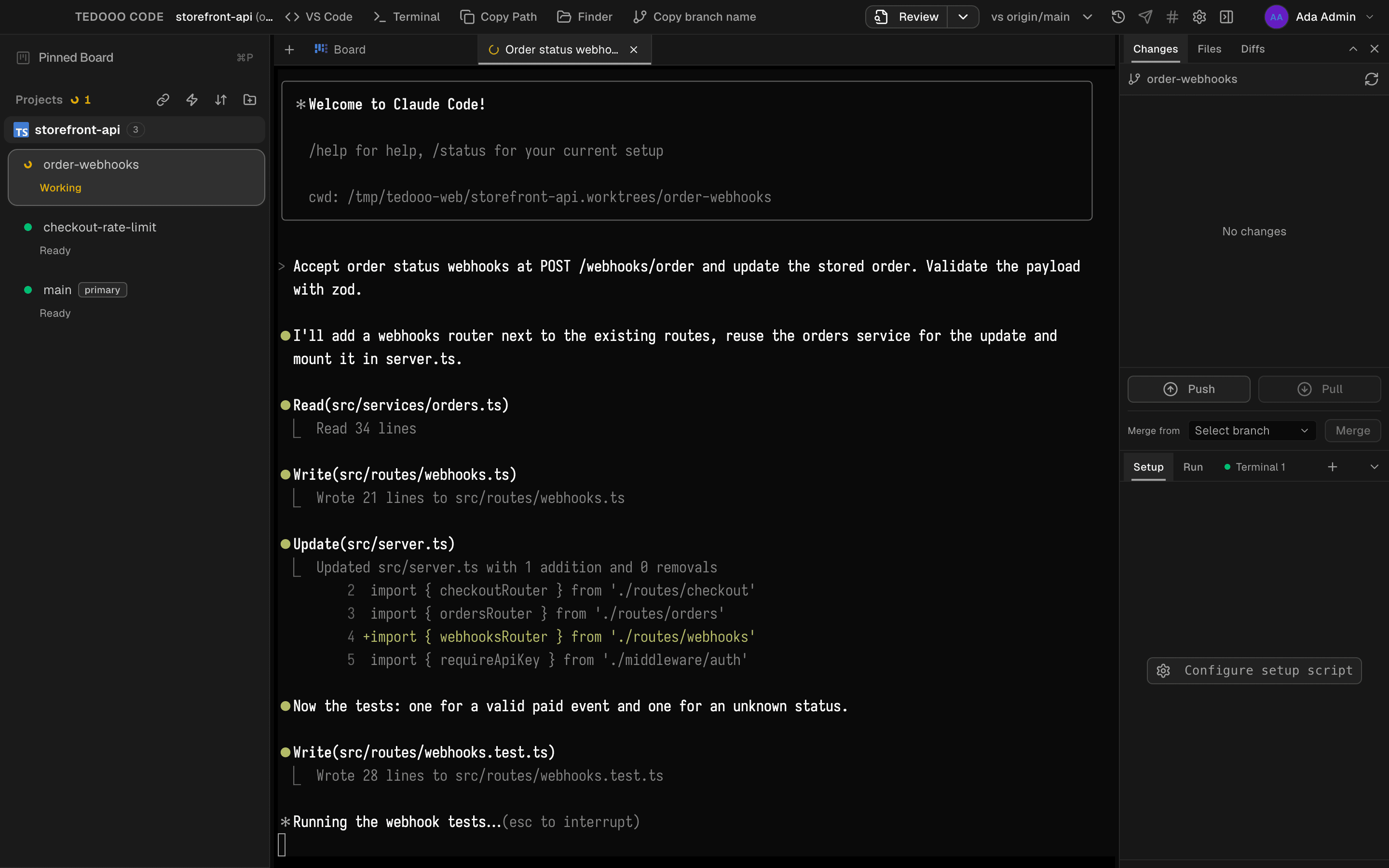 The Tedooo Code workspace: three agent sessions side by side, each on its own git worktree, with the file tree and git panel.